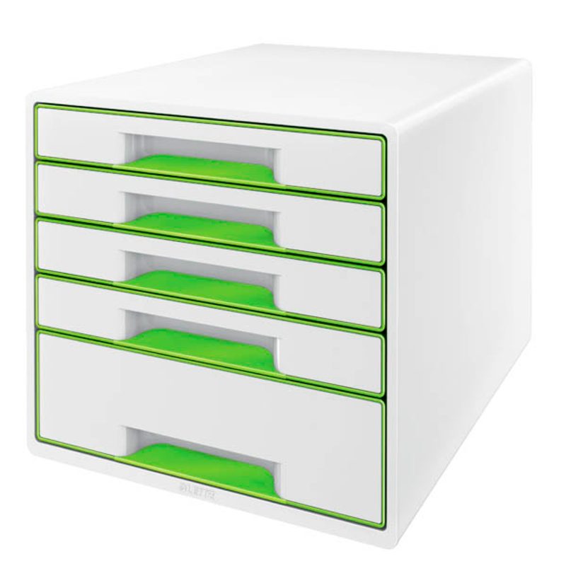 LEITZ Schubladenbox WOW Cube  perlweiß/grün 52142054, DIN A4 mit 5 Schubladen