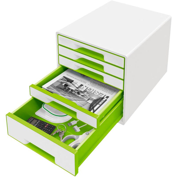 LEITZ Schubladenbox WOW Cube  perlweiß/grün 52142054, DIN A4 mit 5 Schubladen